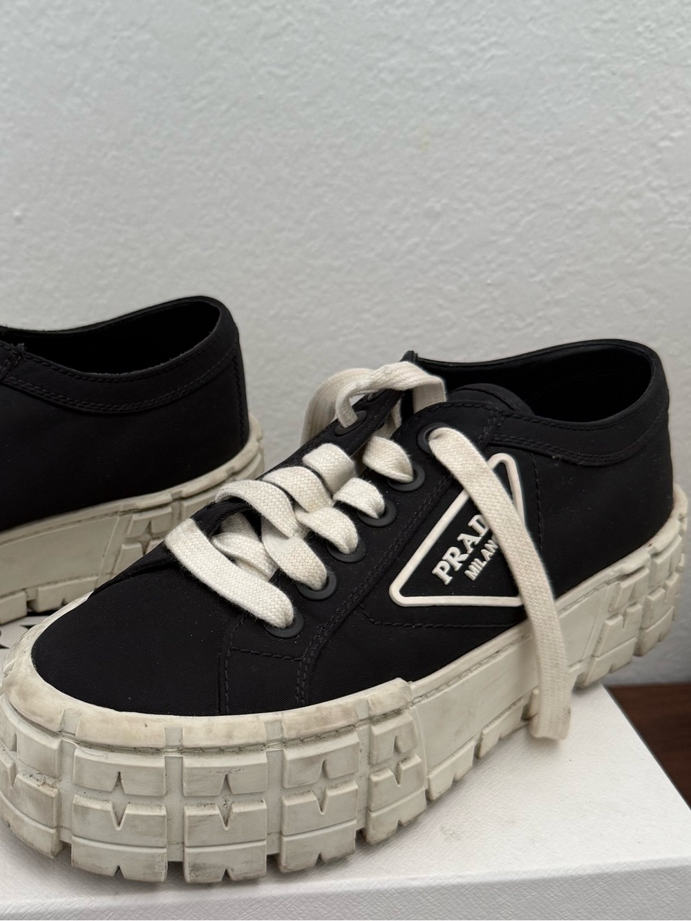 Prada Black Canvas Platform Sneakers with Off-White Soles